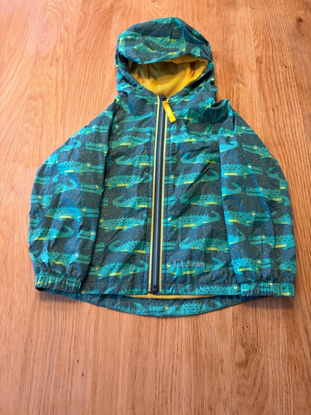LL Bean Discovery Rain Jacket Toddler 3T Green Alligator Print Hooded Full Zip